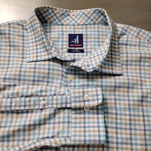 johnnie-O Prepformance Size XL Blue Tan Grid Plaid Lightweight Button Down